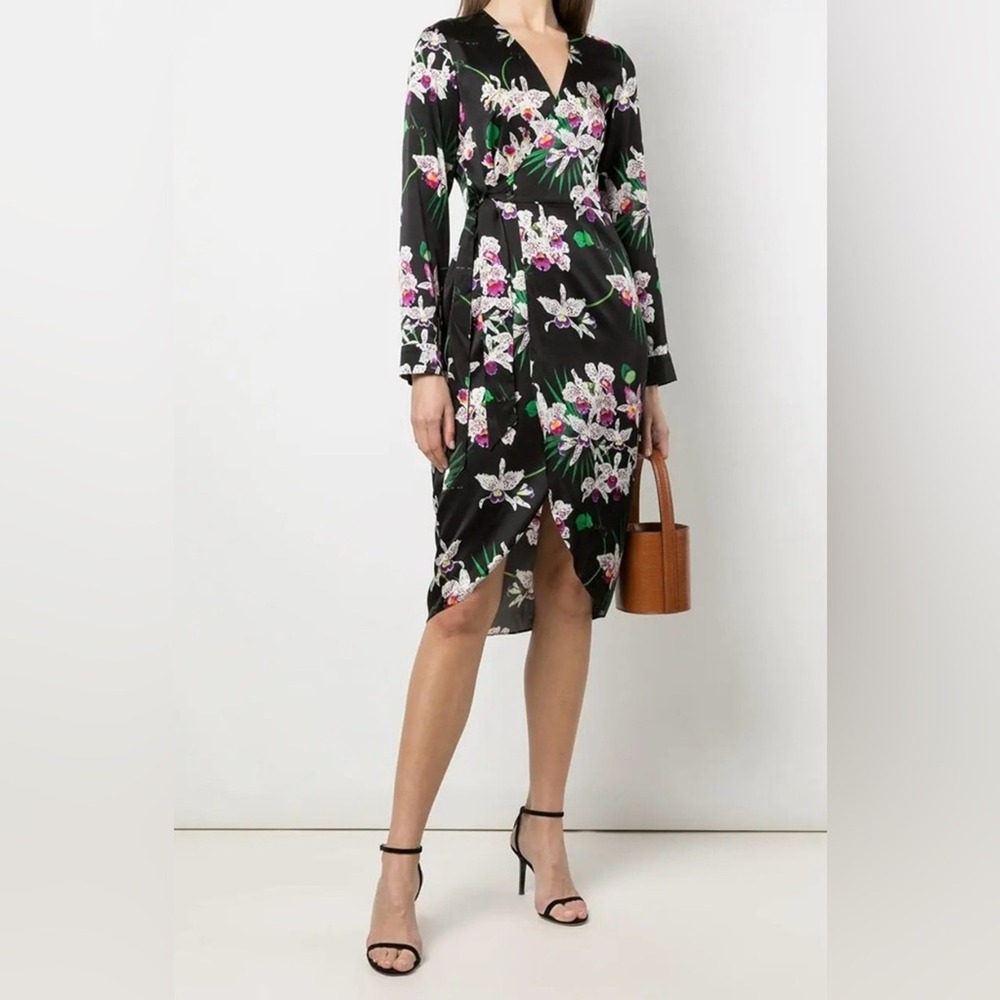 Fleur‎ du Mal Orchid Floral Silk Wrap Dress Black Purple Long Sleeve Small - Picture 9 of 11
